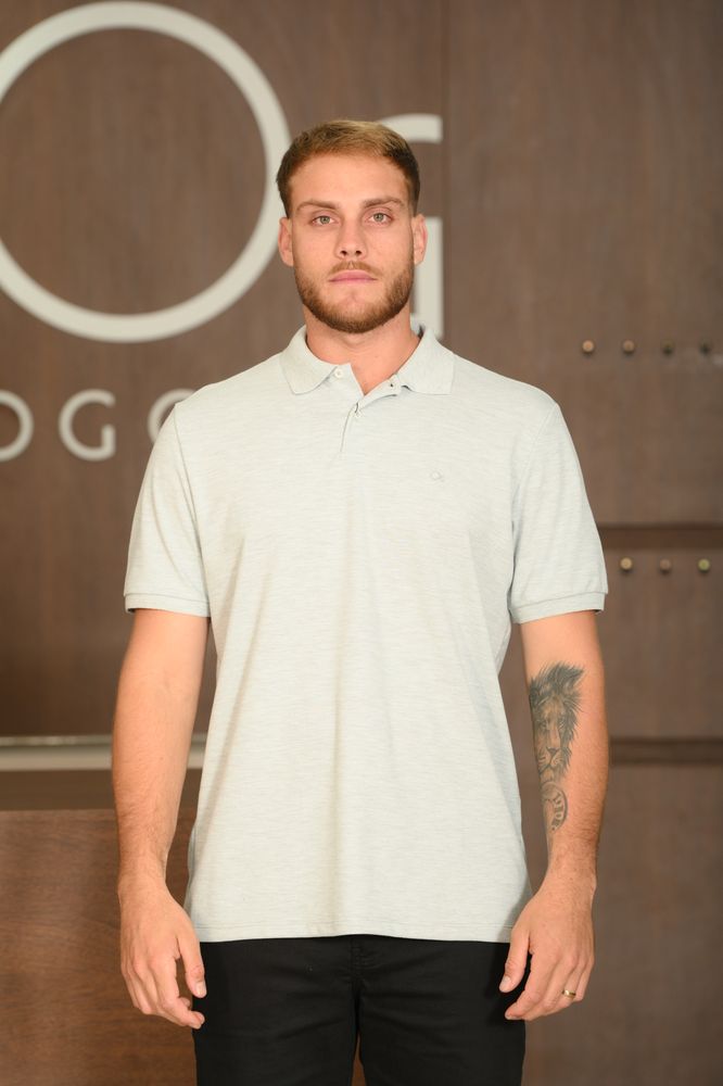 Polo Masculina Ogochi Manga Curta Essencial Slim Piquet Duplo Mescla Cinza Claro