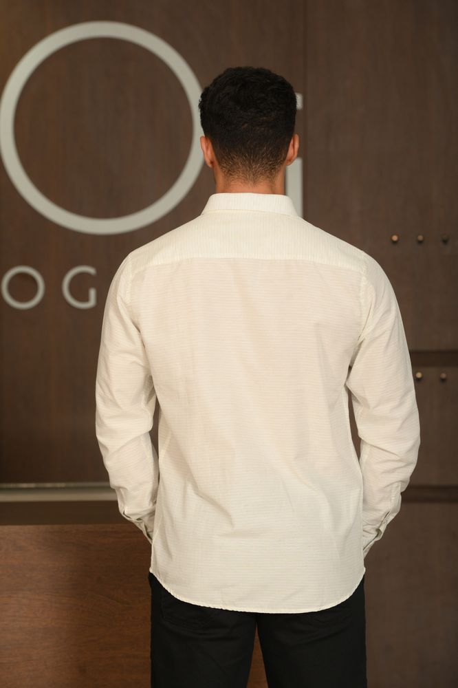 Camisa Masculina Ogochi Manga Longa Casual Slim Mescla Listrada Linho Cinza