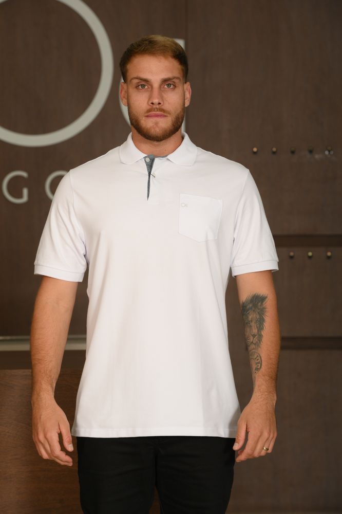 Polo Masculina Ogochi Manga Curta Essencial Slim Com Bolso Branca
