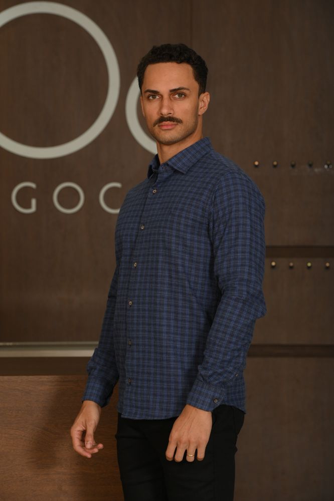 Camisa Masculina Ogochi Manga Longa Casual Slim Flanela Xadrez Azul Acinzentado