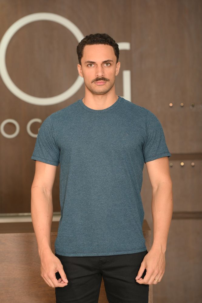 Camiseta Masculina Ogochi Manga Curta Casual Slim Mescla Escura Azul Marinho