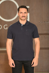 Polo Masculina Ogochi Manga Curta Essencial Slim Com Bolso Azul Marinho