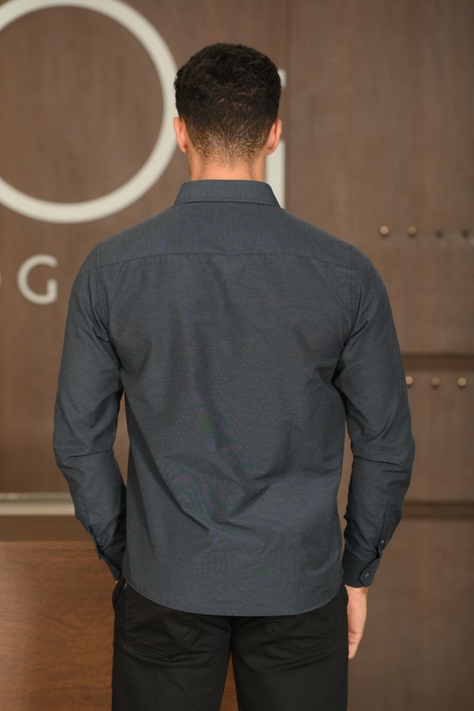 Camisa Masculina Ogochi Manga Longa Essencial Slim Fil A Fil Azul Cobalto