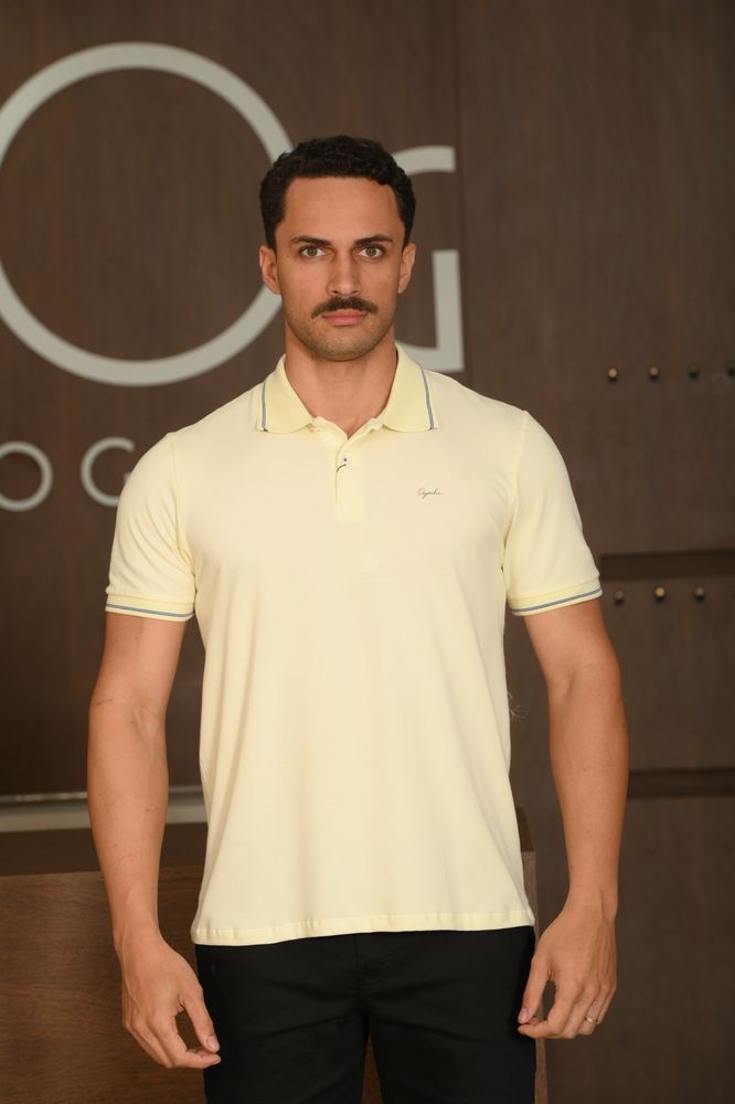 Polo Masculina Ogochi Manga Curta Casual Slim Piquet Amarelo Claro