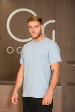 Camiseta Masculina Ogochi Manga Curta Slim Premium Meia Malha Azul Céu