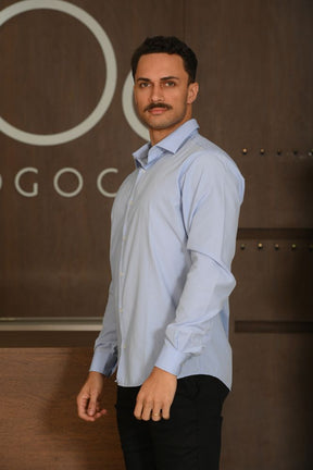 Camisa Masculina Ogochi Manga Longa Essencial Slim Tricoline Azul Céu