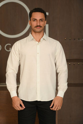 Camisa Masculina Ogochi Manga Longa Casual Slim Mescla Listrada Linho Cinza