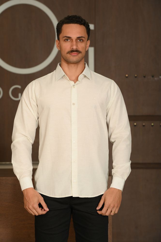 Camisa Masculina Ogochi Manga Longa Casual Slim Mescla Listrada Linho Cinza