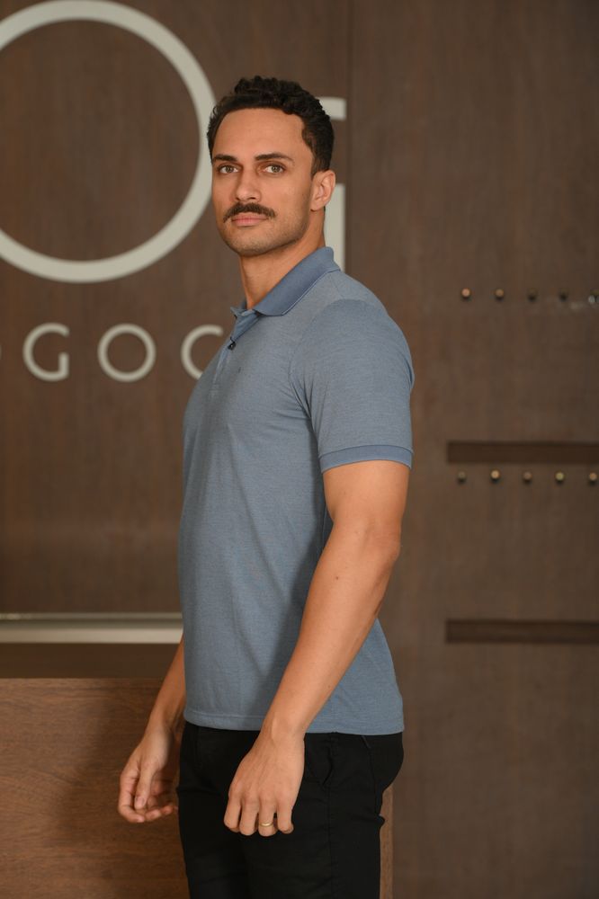 Polo Masculina Ogochi Manga Curta Concept Slim Piquet Mescla Azul Médio