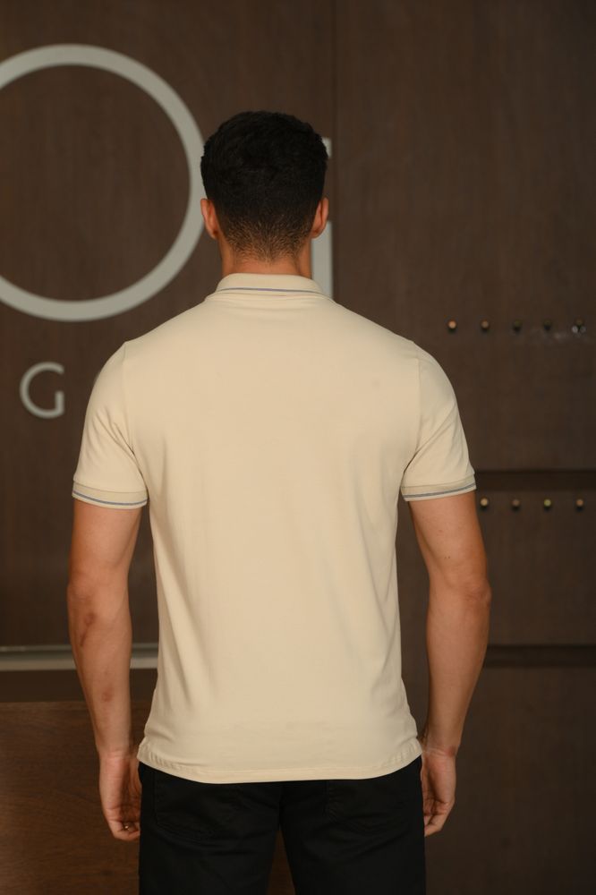 Polo Masculina Ogochi Manga Curta Casual Slim Piquet Bege