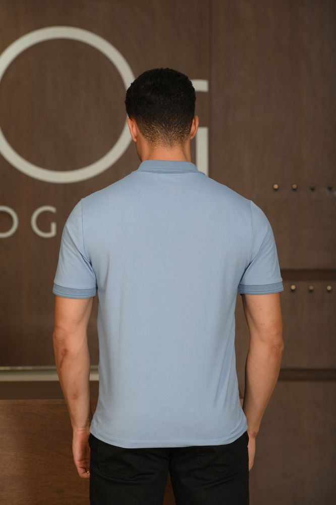 Polo Masculina Ogochi Manga Curta Casual Slim Piquet Azul Jeans