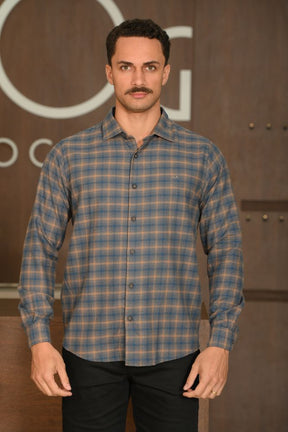Camisa Masculina Ogochi Manga Longa Casual Slim Flanela Xadrez Castor