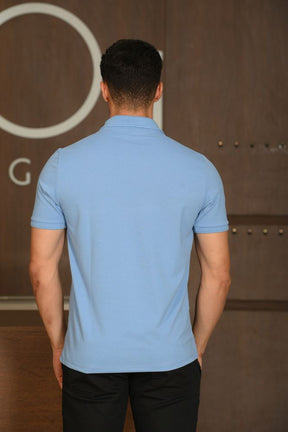 Polo Masculina Ogochi Manga Curta Premium Slim Piquet Azul Céu