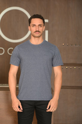 Camiseta Masculina Ogochi Manga Curta Casual Slim Malha Mescla Azul Marinho