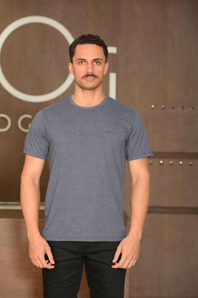Camiseta Masculina Ogochi Manga Curta Casual Slim Malha Mescla Azul Marinho