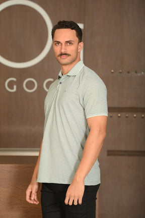 Polo Masculina Ogochi Manga Curta Concept Slim Piquet Mescla Verde Acinzetado