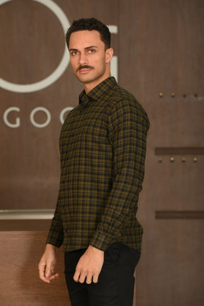 Camisa Masculina Ogochi Manga Longa Casual Slim Flanela Xadrez Verde Musgo