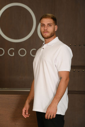 Polo Masculina Ogochi Manga Curta Essencial Slim Piquet Branca