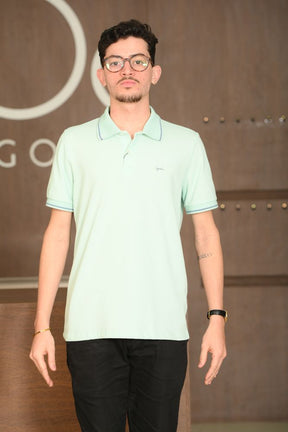 Polo Masculina Ogochi Manga Curta Casual Slim Piquet Ciano Claro