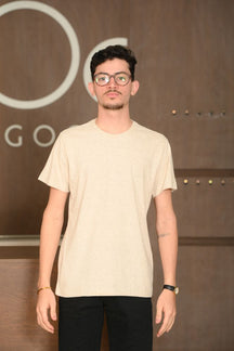 Camiseta Masculina Ogochi Manga Curta Casual Slim Mescla Visual Linho Parchment