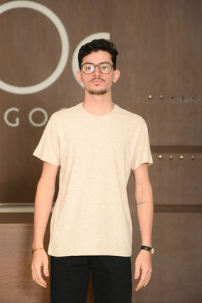 Camiseta Masculina Ogochi Manga Curta Casual Slim Mescla Visual Linho Parchment