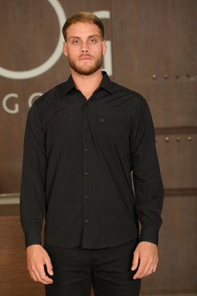 Camisa Masculina Ogochi Manga Longa Essencial Tradicional Com Bolso Preta