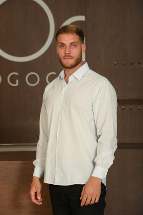 Camisa Masculina Ogochi Manga Longa Essencial Tradicional Fil A Fil Azul Céu