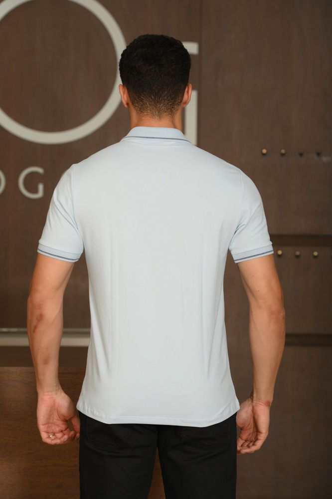 Polo Masculina Ogochi Manga Curta Casual Slim Piquet Listrada Azul