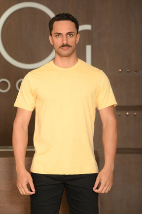 Camiseta Masculina Ogochi Manga Curta Essencial Slim Meia Malha 100% Algodão Amarela