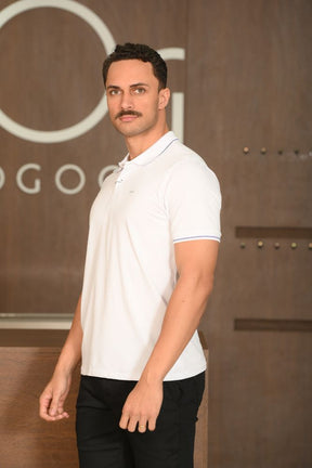 Polo Masculina Ogochi Manga Curta Casual Slim Piquet Listrada Branca
