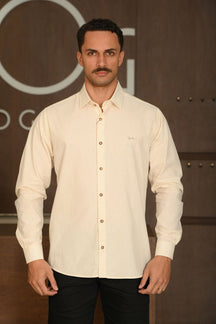 Camisa Manga Longa Slim Ogochi Casual Flame Efeito Linho Arroz