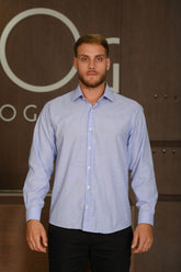 Camisa Masculina Ogochi Manga Longa Essencial Tradicional Fil A Fil Azul Royal