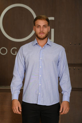 Camisa Masculina Ogochi Manga Longa Essencial Tradicional Fil A Fil Azul Royal