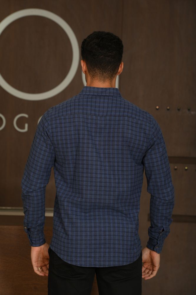 Camisa Masculina Ogochi Manga Longa Casual Slim Flanela Xadrez Azul Acinzentado