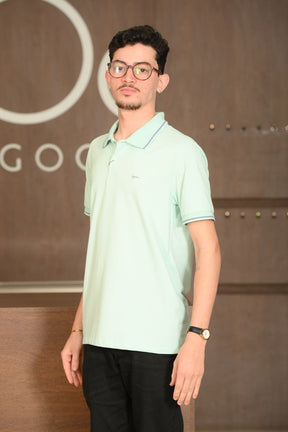 Polo Masculina Ogochi Manga Curta Casual Slim Piquet Ciano Claro