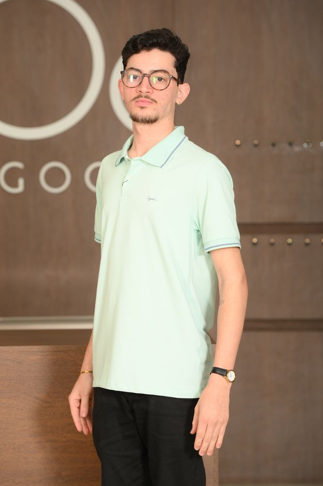 Polo Masculina Ogochi Manga Curta Casual Slim Piquet Ciano Claro