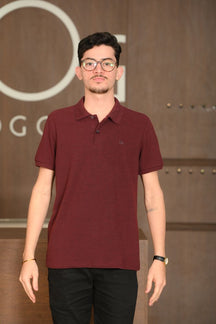 Polo Masculina Ogochi Manga Curta Essencial Slim Piquet Duplo Mescla Escuro Vermelho