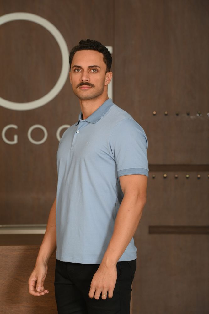 Polo Masculina Ogochi Manga Curta Casual Slim Piquet Azul Jeans