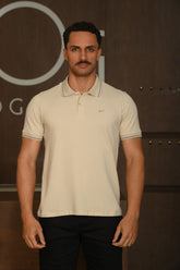 Polo Masculina Ogochi Manga Curta Casual Slim Piquet Bege