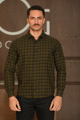 Camisa Masculina Ogochi Manga Longa Casual Slim Flanela Xadrez Verde Musgo