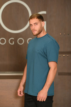 Camiseta Masculina Ogochi Manga Curta Essencial Slim Meia Malha 100% Algodão Azul Petróleo