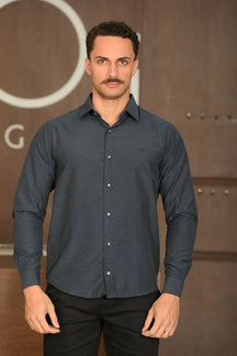 Camisa Masculina Ogochi Manga Longa Essencial Slim Fil A Fil Azul Cobalto