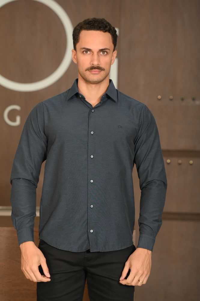 Camisa Masculina Ogochi Manga Longa Essencial Slim Fil A Fil Azul Cobalto