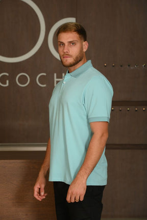Polo Masculina Ogochi Manga Curta Casual Slim Piquet Azul Bebê