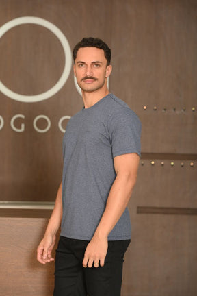 Camiseta Masculina Ogochi Manga Curta Casual Slim Malha Mescla Azul Marinho