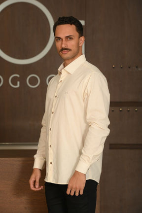 Camisa Manga Longa Slim Ogochi Casual Flame Efeito Linho Arroz