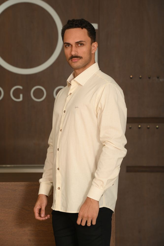 Camisa Manga Longa Slim Ogochi Casual Flame Efeito Linho Arroz