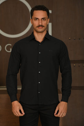 Camisa Masculina Ogochi Manga Longa Slim Tricoline Preta