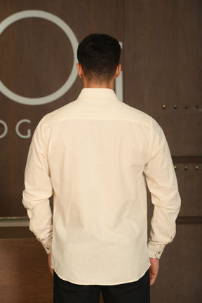 Camisa Manga Longa Slim Ogochi Casual Flame Efeito Linho Arroz