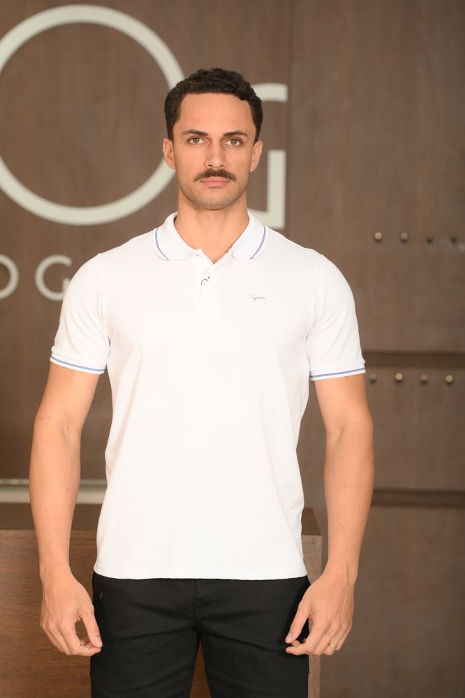 Polo Masculina Ogochi Manga Curta Casual Slim Piquet Listrada Branca